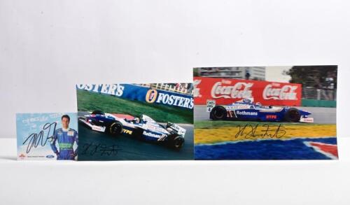 FRENTZEN: Three colour pictures and driver profile card relating to Heinz-Harald Frentzen. Two colour pictures of Frentzen racing a Williams FW19 Renault at Australian Grand Prix, Melbourne 1997. Heinz-Harald Frentzen signatures