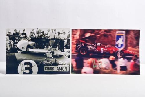 AMON: Two pictures relating to Chris Amon. Colour picture of Amon racing a Ferrari 312 during 1969 Grand Prix season, picture signed by Chris Amon