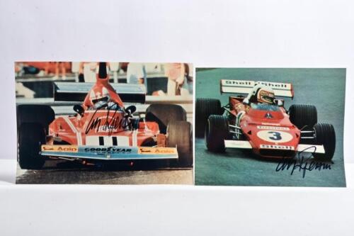 REGAZZONI: Two colour pictures of Clay Regazzoni racing a Ferrari 312 B3. Clay Regazzoni signatures