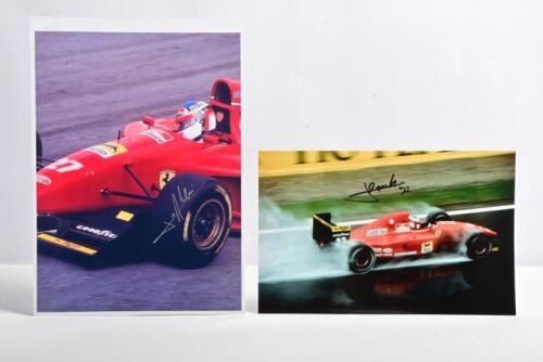 ALESI: Two colour pictures of Jean Alesi racing a 1992 F92A F1 Ferrari at Barcelona and 412 T1 during the 1994 Grand Prix season. Jean Alesi signatures