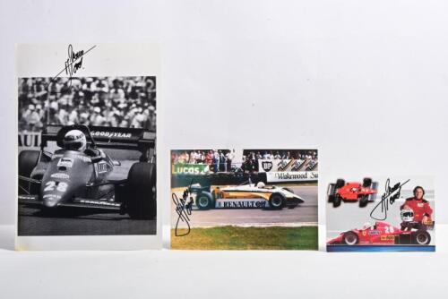 ARNOUX: A group of three Rene Arnoux related pictures with Ferrari and Renault Formula 1 cars. Rene Arnoux signatures