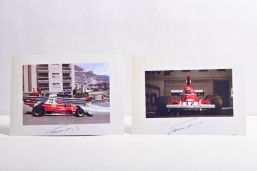 LAUDA: Two colour pictures of Niki Lauda racing a Ferrari 312 T at Monaco. Niki Lauda signatures