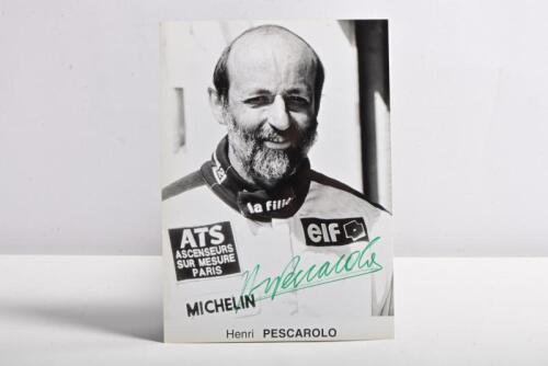 PESCAROLO: A black and white driver picture of Henri Pescarolo. Henri Pescarolo signature
