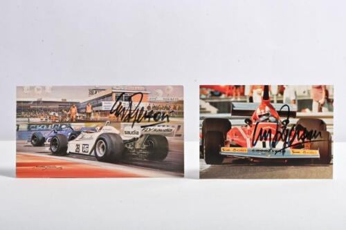 REGAZZONI: Two carded items signed by Clay Regazzoni. Michael Turner small format card depicting Clay Regazzoni racing a Saudia-Williams to victory at the 1979 British Grand Prix, Silverstone