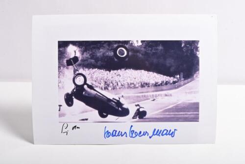 MOSS/HERMANN: A black and white picture of the Hans Hermann crash during the 1959 Avus Grand Prix, Berlin whilst racing a BRM. Hermann & Moss signatures