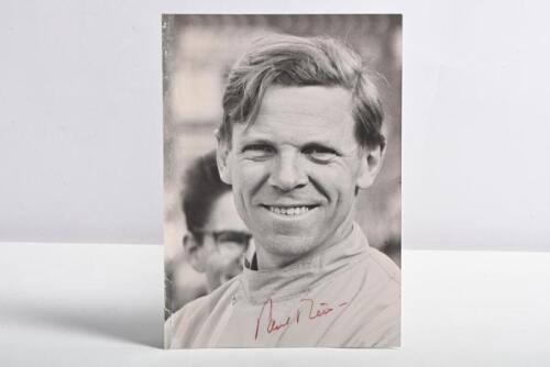 FRERE: A black and white driver picture of Paul Frere. Paul Frere signature