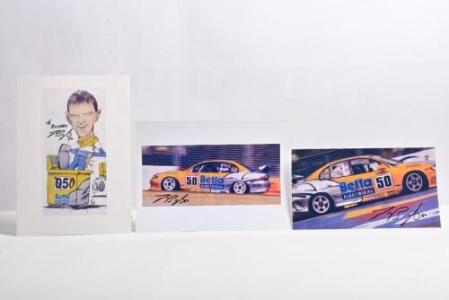 BRIGHT: Three Jason Bright related V8 Supercar pictures and illustration. Two Betta Electrical VX Holden Commodore pictures signed by Jason Bright