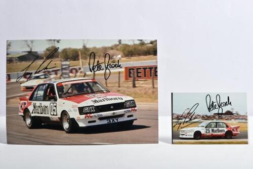 BROCK/PERKINS: Two colour pictures of the HDT VH Holden Commodore of Peter Brock and Larry Perkins. Pictures signed by both drivers