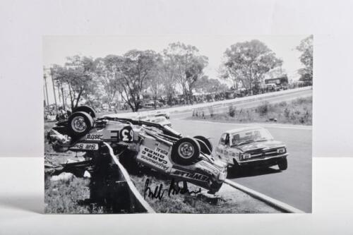 BROWN: A black and white picture of Bill Brown's GT-HO PHASE 3 FALCON accident at Bathurst 1971, picture signed by Bill Brown