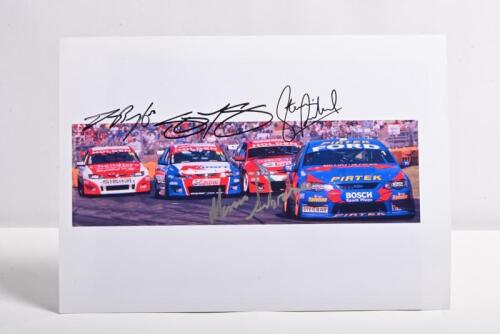 V8 SUPERCARS: A colour picture of four Holden and Ford V8 Supercars in racing formation. Each car with corresponding driver signature including Jason Bright, Greg Murphy, Stephen Richards, Marcus Ambrose