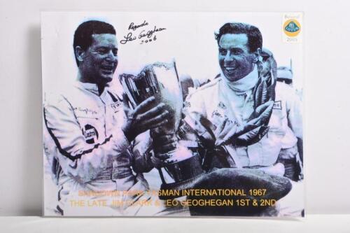 GEOGHEGAN: A Leo Geoghegan signed picture - 'SANDOWN PARK TASMAN INTERNATIONAL 1967 THE LATE JIM CLARK & LEO GEOGHEGAN 1ST & 2ND'