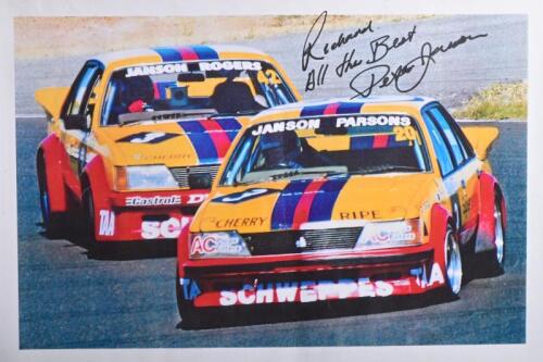 JANSON: A colour picture of the David Parsons and Peter Parson's SCHWEPPES VC Holden Commodores from the A.T.C.C. Personalised message signed by Peter Janson