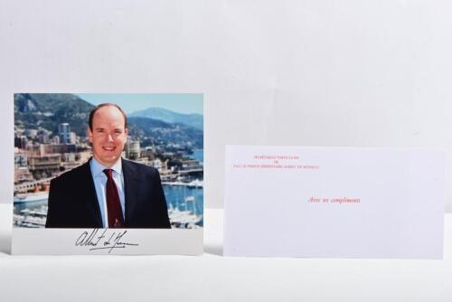 ALBERT DE MONACO: A colour picture of S.A.S. LE PRINCE H&Eacute;R&Eacute;DITAIRE ALBERT DE MONACO signed by Albert de Monaco. With SECRETARIAT PARTICULIER Compliments slip