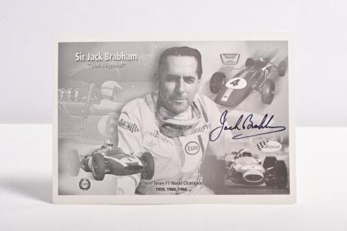 BRABHAM: A Sir Jack Brabham "The Legend" black and white postcard sheet depicting the Three Times F1 World Champion, 1959, 1960, 1966. Postcard sheet signed by Sir Jack Brabham