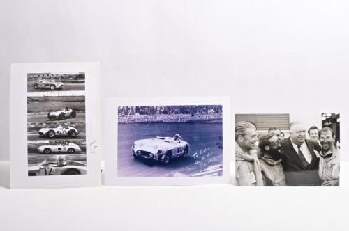 MOSS: Three black and white pictures of Stirling Moss racing Mercedes-Benz cars. Stirling Moss signatures
