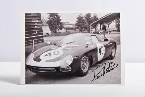 HOBBS: A black and white picture of the David Hobbs Ferrari 250 LM. David Hobbs signature