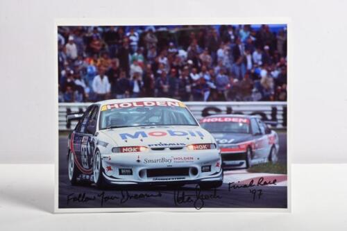 BROCK: A colour picture of Peter Brock's final A.T.C.C race in 1997. Peter Brock signature