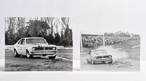 BEECHEY: Two black and white pictures of Norm Beechey's' Holden HT Monaro GTS 350 at various racing events. Norm Beechey signatures