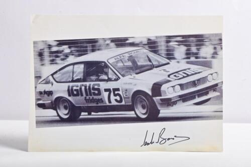 BOND: A black and white picture of Colin Bond racing a Alfa Romeo GTV. Picture signed by Colin Bond