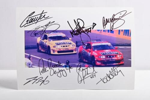 HOLDEN: A colour picture of two Garry Rogers Motorsport Holden Monaro 427C's. Picture signed by Jason Bright, Peter Brock, Todd Kelly, Nathan Pretty, Cameron McConville, Greg Murphy, Steven Richards, Garth Tander