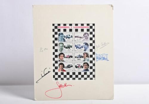 FORMULA 1 LEGEND: An Austrian issued stamp set from 2006 relating to Formula 1 Legends. Mario Andretti, Sir Jack Brabham, Jacky Ickx, Stirling Moss, Jackie Stewart signatures