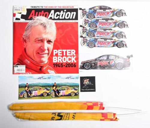 V8 SUPERCARS: A collection of V8 Supercar related items. Flags, Pepsi Max Greg Murphy stickers, September 13 - 19, 2006 issue of 'AutoAction' commemorating the life of Peter Brock