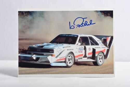 ROHRL: A colour picture of Walter Rohrl rallying the Audi Quattro S1. Walter Rohrl signature