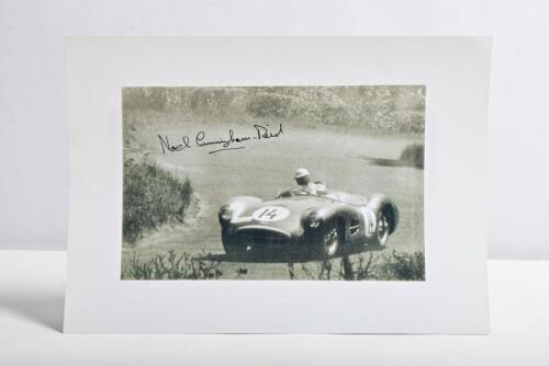 ASTON MARTIN: A black and white image of Noel Cunningham-Reid racing the Aston Martin DBR-1. Noel Cunningham-Reid signature