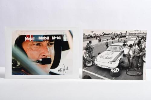 BROCK: Two Peter Brock related pictures. Black and white pits picture with HDT VH Holden Commodore as driven by Peter Brock. Peter Brock signatures
