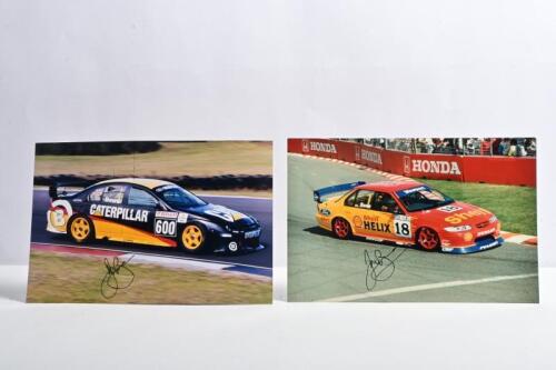 BOWE: Two colour pictures of John Bowe's racing V8 Supercars Ford's. CATERPILLAR AU Ford Falcon & Shell EF Ford Falcon pictures signed by John Bowe