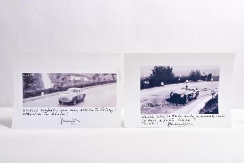 MARZOTTO: Two black and white images of Giannino Marzotto competing in Mille Miglias from 1950 and 1953. Giannino Marzotto signatures