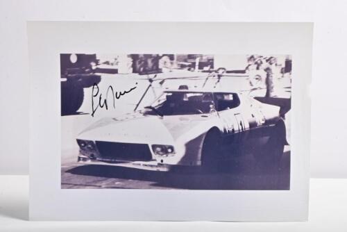 STRATOS: A black and white image of the Lancia 'Marlboro' Stratos as raced by Sandro Munari at 1973 Targa Florio. Sandro Munari signature