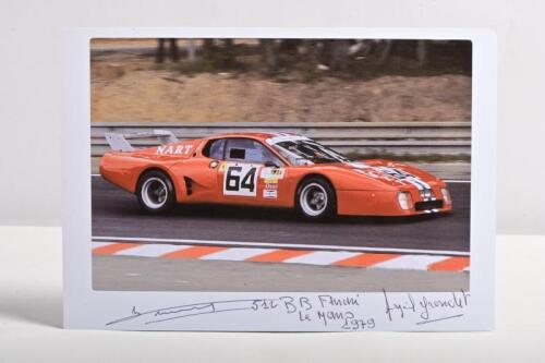 FERRARI: A colour picture of the Ferrari 512BB LM NART as raced by Jean-Pierre Delaunay, Cyril Grandet, and Preston Henn at Le Mans 1979. Delaunay, Grandet signatures