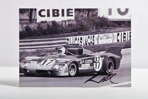 MARKO: A black and white image of Helmut Marko racing the number 17 Alfa Romeo T33. Marko signature