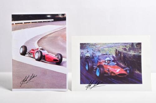 SURTEES: Two images of John Surtees racing the Ferrari 158 at the 1964 German Grand Prix. Images signed by John Surtees