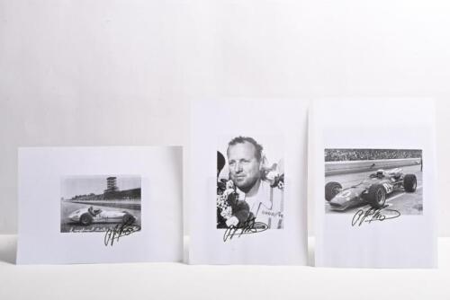 A J FOYT: Three black and white paper images of AJ Foyt predominantly from Indianapolis 1967. AJ Foyt signatures