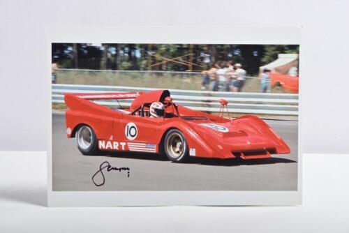 POSEY: A colour picture of Sam Posey racing a Ferrari 712M at Watkins Glen during the 1974 Can-Am Challenge Cup. Sam Posey signature
