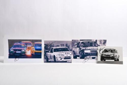 BOWE: A collection of four John Bowe related pictures, each depicting various John Bowe A.T.C.C/V8 Supercars. Shell Ford Sierra's, Shell EF Ford Falcon, Ozemail BA XR8 Ford Falcon pictures signed by John Bowe