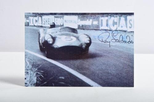 SALVADORI: A laminated black and white picture of Roy Salvadori racing the Aston Martin DBR1 at Le Mans 1959. Salvadori signature
