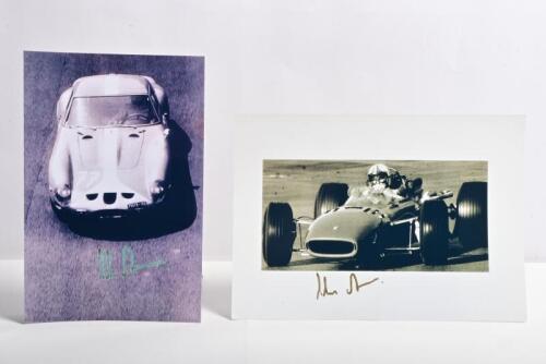 AMON: Two black and white images of Chris Amon racing Ferrari's. Chris Amon signed GTO & 312 F1 pictures