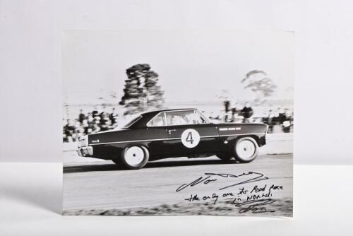 BEECHEY: A black and white picture of the Chevrolet Nova as raced by Norm Beechey. Norm Beechey signature with inscription
