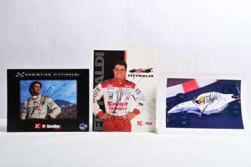 FITTIPALDI: Three Christian Fittipaldi related items. Team profile cards & Minardi-Ford F1 picture. Christian Fittipaldi signatures
