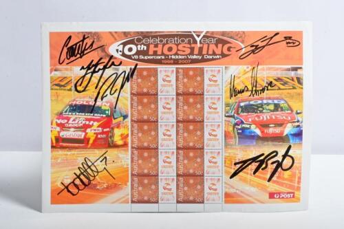HIDDEN VALLEY: A '10th Celebration Year HOSTING V8 Supercars - Hidden Valley Darwin 1998 - 2007' stamp sheet. Various V8 Supercar and Supercars driver signatures including Marcus Ambrose, Todd Kelly, Craig Lowndes, Mark Skaife