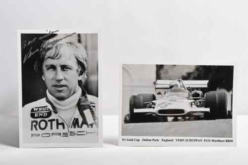 SCHUPPAN: Two pictures related to Vern Schuppan. Image of Schuppan driving a P153 Marlboro BRM as part of the F1 Gold Cup, Oulton Park. Vern Schuppan signatures