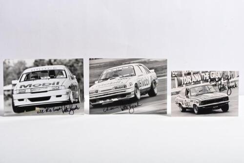 BROCK: Three black and white pictures relating to Peter Brock. HDT Holden Torana GTR XU1, Mobil '05' Holden VL and VN Holden Commodore pictures. Peter Brock signatures