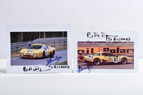 FERRARI: Two colour pictures of #61 Ferrari 512 BB LM of Nick Faure/Steve O'Rourke/Bernard de Dryver/Jean "Beurlys" Blaton. Bernard de Dryver, Jean "Beurlys" Blaton signatures