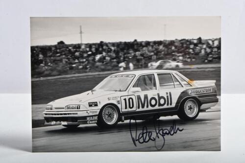 BROCK: An Ian Smith black and white picture of the #10 Mobil HDT Holden Commodore VL SS Group A, as raced by Peter Brock, Neil Crompton, Peter McLeod. Peter Brock signature