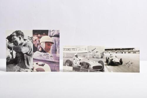 MOSS: Four note card and photograph images of Stirling Moss. Grand Prix car & Driver pictures. Stirling Moss signatures