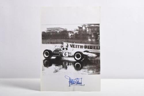 STEWART: A grainy black and white picture of Jackie Stewart racing the Matra-Ford at the 1968 German Grand Prix. Jackie Stewart signature