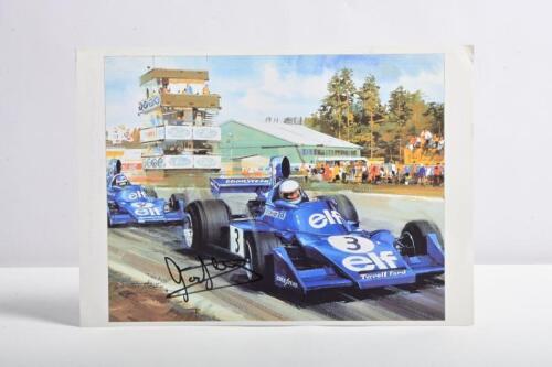 SCHECKTER: A small print on paper by Michael Turner with a depiction from the 1974 Swedish Grand Prix, Anderstorp of Jody Scheckter racing a Tyrrell-Ford. Jody Scheckter signature